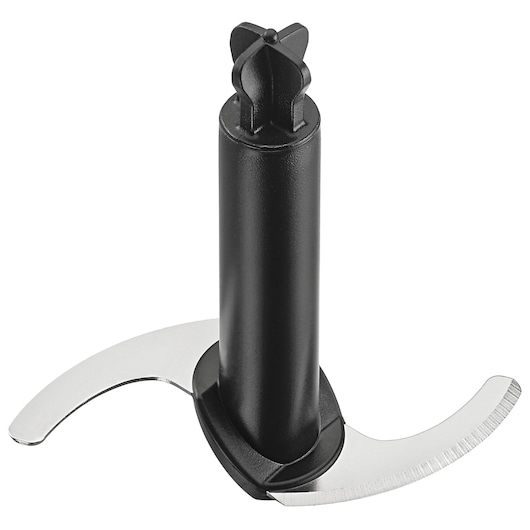 BLACK+DECKER BCKM101FP food processor blade with black plastic center and two stainless steel curved blades, front angle.