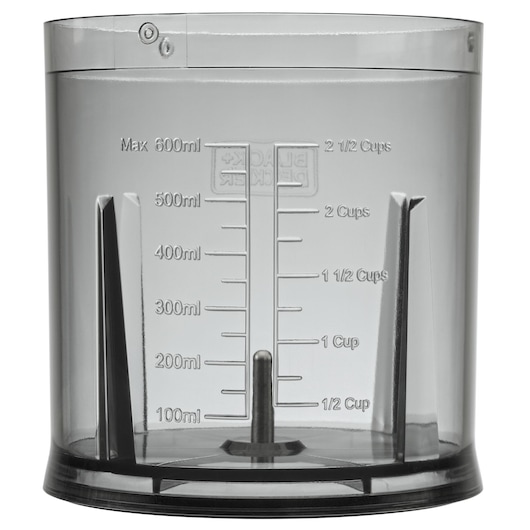 BLACK+DECKER BCKM101FP food processor bowl with 600ml max measurement markings, product front angle.