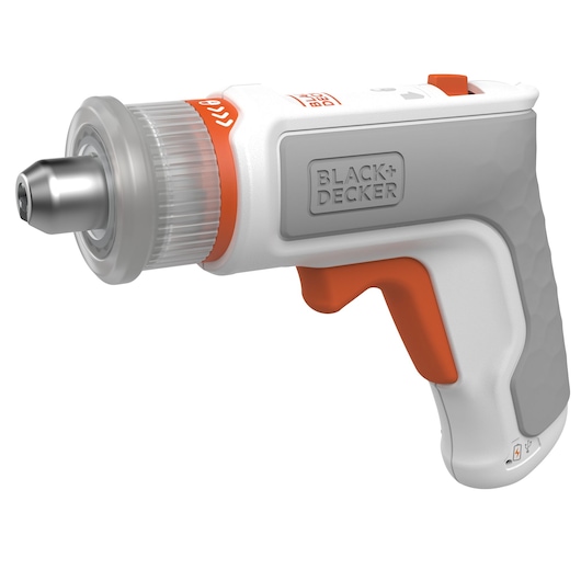 Photo of BLACK+DECKER BCRTA01 cordless screwdriver in white, grey, and orange, shown at an angled side view.