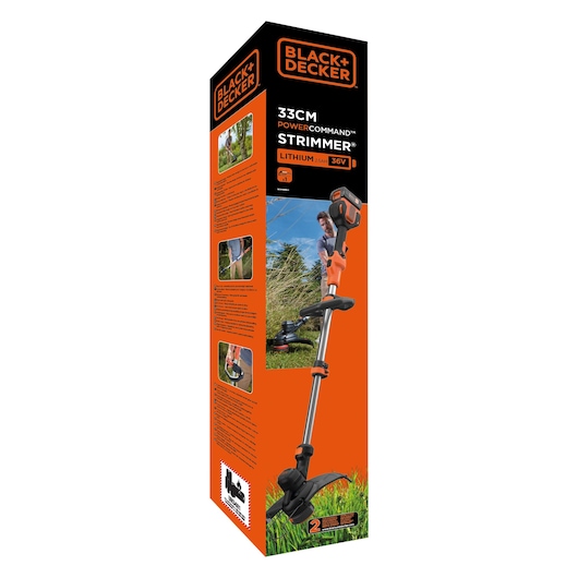 Photo of BLACK+DECKER BCSTE636L1 string trimmer packaging, orange and black box shown at angle.