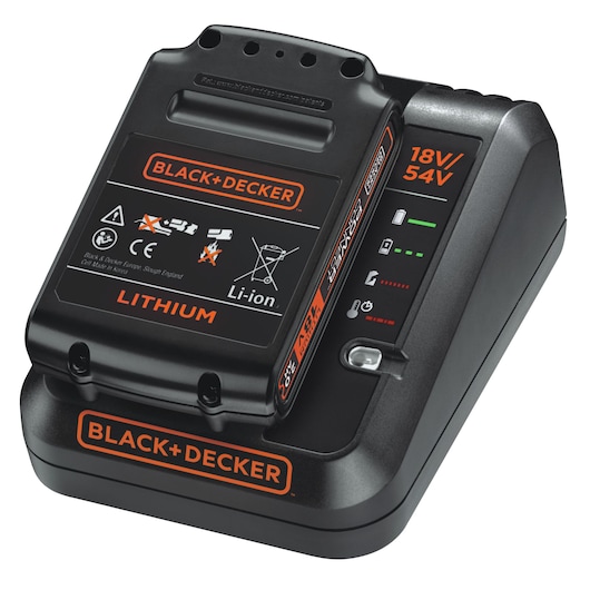 Close-up image of a BLACK+DECKER lithium-ion battery charger with an attached battery, showing the 18V/54V power rating and indicator lights on the side.