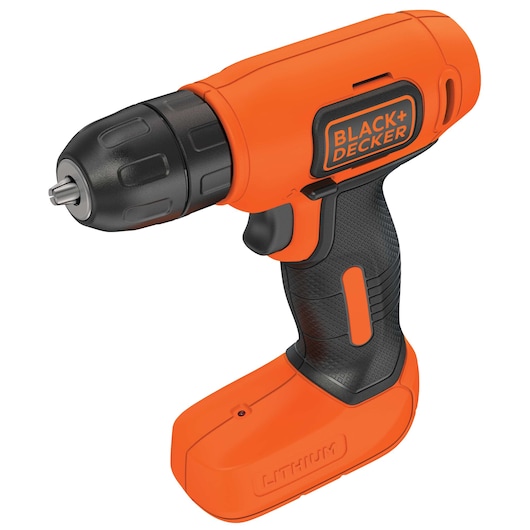BLACKDECKER BDCD8 cordless drill, orange and black, side angle, textured grip and lithium battery visible.