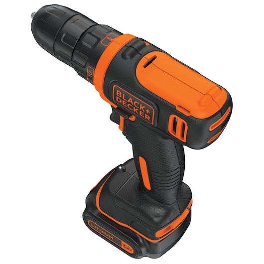 A BLACK+DECKER cordless power drill with an orange and black design, featuring a lithium battery and ergonomic grip.
