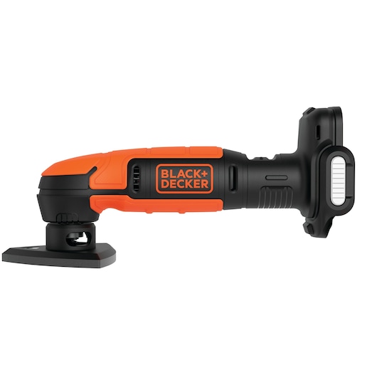 A BLACK+DECKER cordless oscillating multi-tool with an orange and black design, shown from the side against a white background.