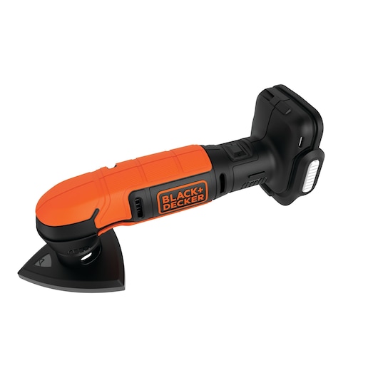 A BLACK+DECKER branded cordless detail sander with an orange and black body and a triangular sanding pad.