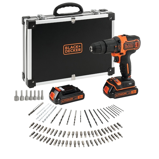 A BLACK+DECKER 18V cordless drill kit with black and orange drill, two lithium batteries, multiple drill bits and accessories, and a black carrying case with silver edges.