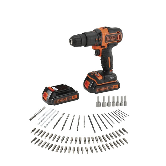 A BLACK+DECKER cordless drill with two 18V lithium batteries, various drill bits, screwdriver bits, and socket attachments arranged in front of the tool.