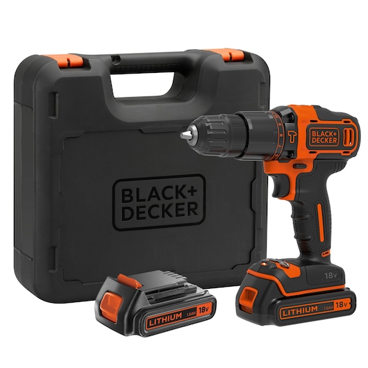 BLACK+DECKER cordless drill set including an 18V lithium-ion drill, two batteries, and a black carrying case.