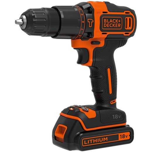 BLACK+DECKER BDCHD18K cordless drill, black and orange, side angle on white background.