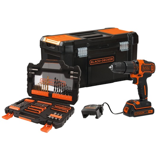 A BLACK+DECKER 18V cordless drill set with drill bits, screwdriver bits, charger, and a sturdy black and orange tool storage box.