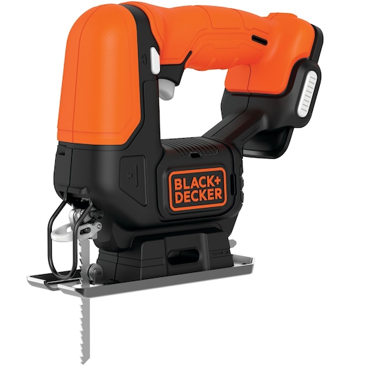 A BLACK+DECKER cordless jigsaw with an orange and black body, shown from the side on a white background.