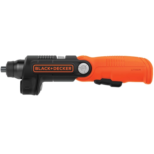 Photo of BLACK+DECKER BDCSFL20C orange and black cordless screwdriver, side angle on white background.