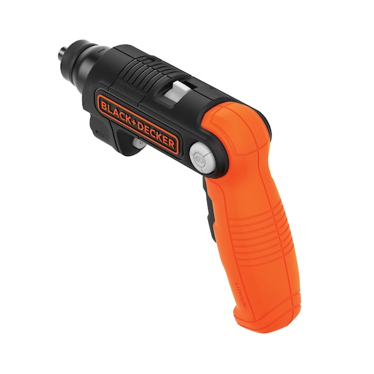 BLACK+DECKER BDCSFL20C cordless screwdriver with orange and black handle, side angle on white background.