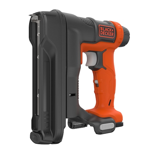 A BLACK+DECKER cordless electric nail and staple gun with an orange and black handle and trigger. The tool is shown at an angle highlighting its ergonomic design and magazine for nails or staples.