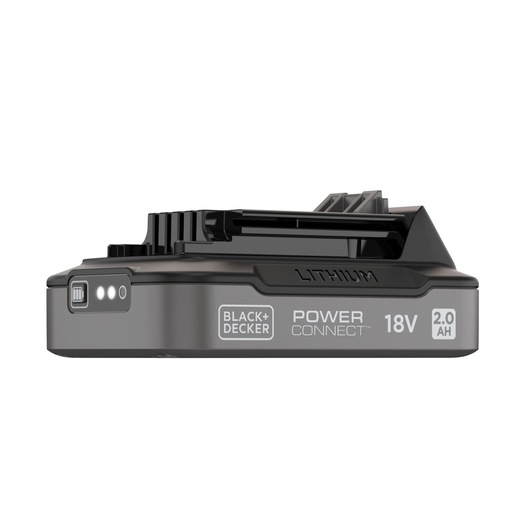 BLACK+DECKER BDL2018S lithium 18V 2.0Ah battery front angle on white background, showing power level indicator.