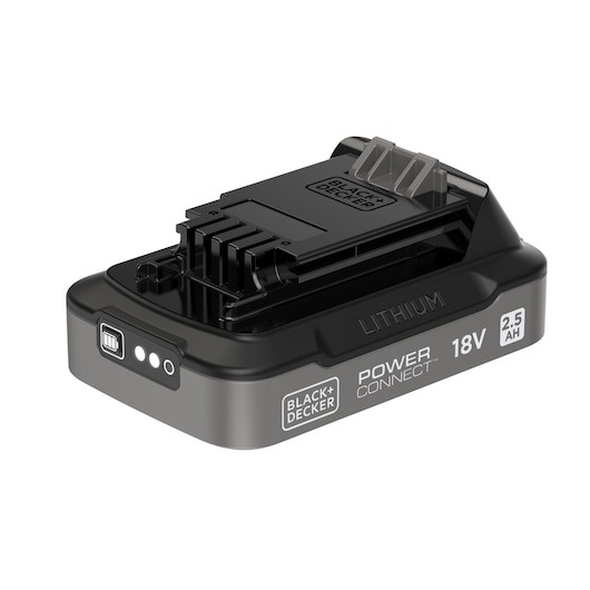 BLACK+DECKER BDL2518S lithium 18V 2.5Ah power tool battery, black, front angle on white background.