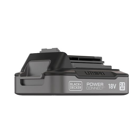 BLACK+DECKER BDL2518S lithium 18V 2.5Ah battery, side angle, gray with POWERCONNECT label on white background.