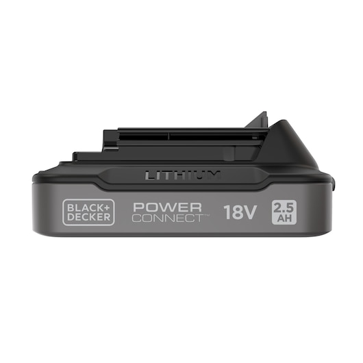BLACK+DECKER 18V 2.5Ah lithium battery BDL2518S, black, side angle on white background.