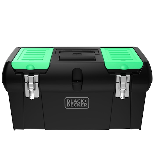 BLACK+DECKER BDST60120 black plastic toolbox with green top compartments, front angle on white background.