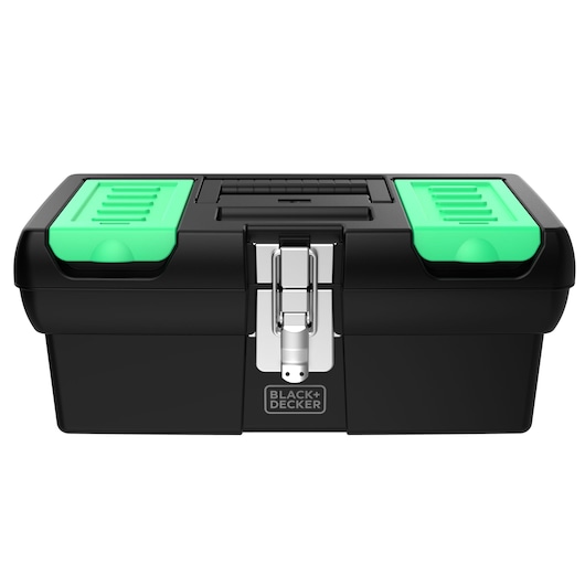 BLACKDECKER BDST19120 black toolbox with green compartments, front angle on white background.