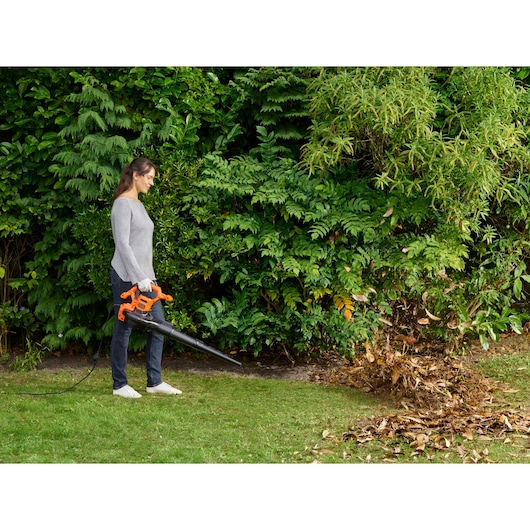 Person using BLACK+DECKER BEBLV260 leaf blower and vacuum on garden lawn, clearing dry leaves near green bushes.