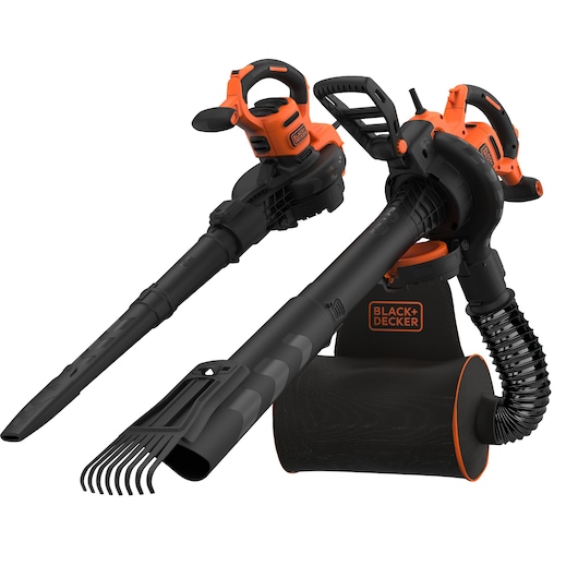 BLACK+DECKER leaf blower and vacuum with an orange and black design, featuring a long nozzle, a flexible tube, and an attached collection bag.