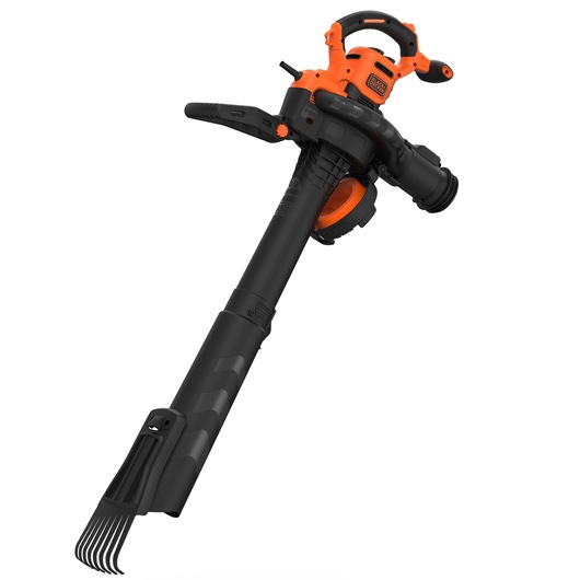 A BLACK+DECKER electric garden leaf blower and vacuum with an orange and black design, featuring a handle and extended nozzle with a comb attachment.