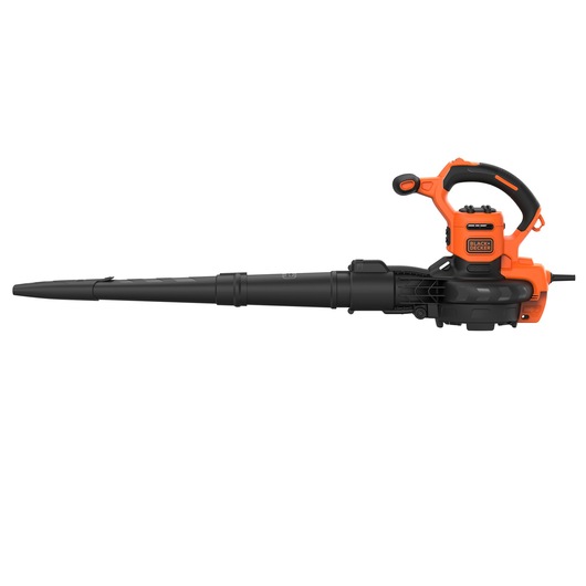 A BLACK+DECKER BEBLV301 electric leaf blower and vacuum, shown in orange and black color with a long nozzle and ergonomic handle.