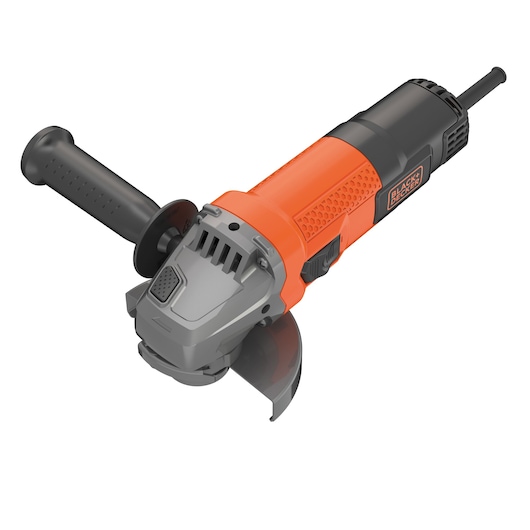 A BLACK+DECKER corded angle grinder with an orange and black body, a side handle, and a protective guard around the grinding disc.