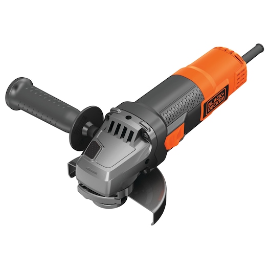 A BLACK+DECKER electric angle grinder with a black and orange body, side handle, and protective guard over the grinding disc, shown on a white background.