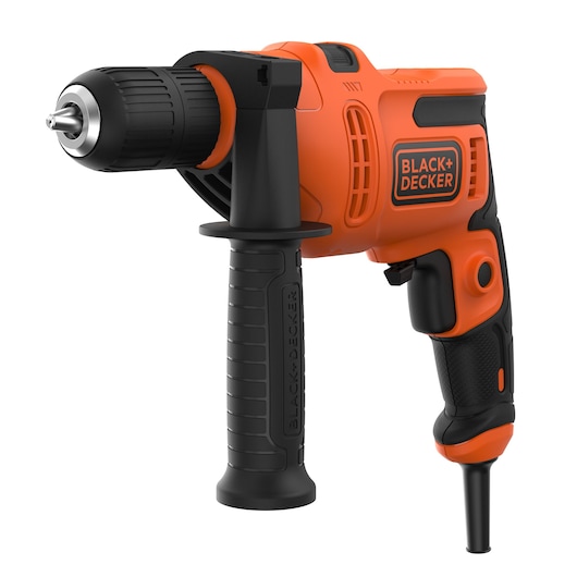 Orange BLACK+DECKER electric drill with side handle, shown against a white background.