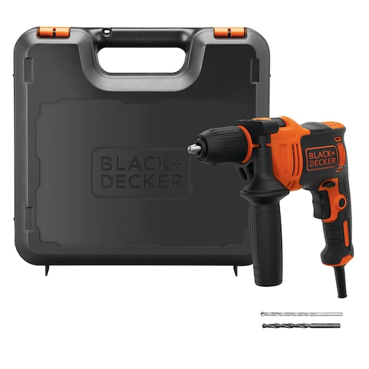 BLACK+DECKER BEH550K orange and black corded drill with side handle, two drill bits, and carrying case, front angle.