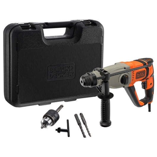 A BLACK+DECKER rotary hammer drill set, including an orange and black hammer drill, a black carrying case, a drill chuck with a key, and two drill bits.