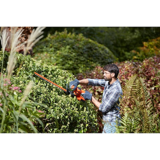 BLACKDECKER BEHT251 hedge trimmer in use cutting green shrubbery outdoors.