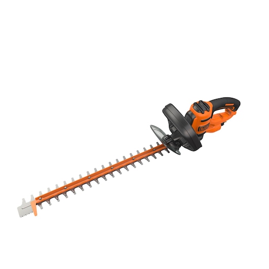 BLACKDECKER BEHTS401 orange and black hedge trimmer, side angle on white background.