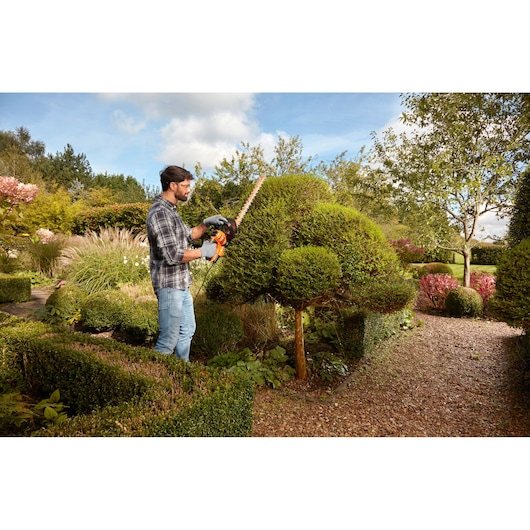 Photo of BLACKDECKER BEHTS451 hedge trimmer in use trimming a bush in a landscaped garden.