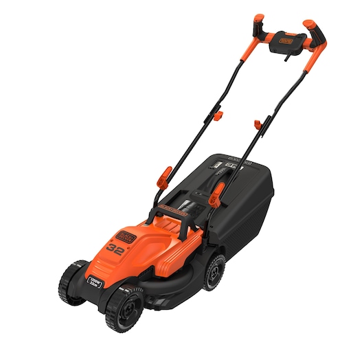 Photo of BLACKDECKER BEMW451BH electric lawn mower, orange and black, side angle, with ergonomic handle.