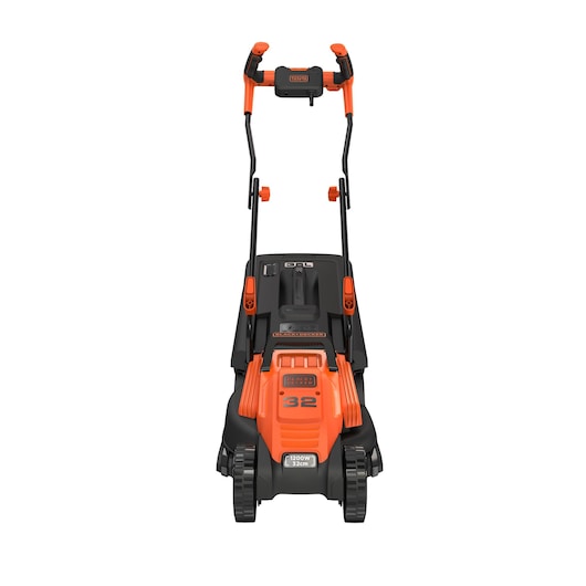 BLACKDECKER BEMW451BH orange and black lawn mower, front angle, 1200W, 32cm cutting width.