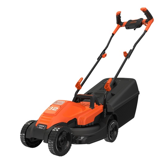 BLACKDECKER BEMW451BH orange and black electric lawn mower, front angle, with ergonomic handle.