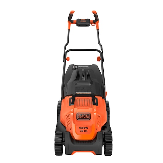 BLACKDECKER BEMW471BH electric lawn mower, orange and black, front angle, photography category.