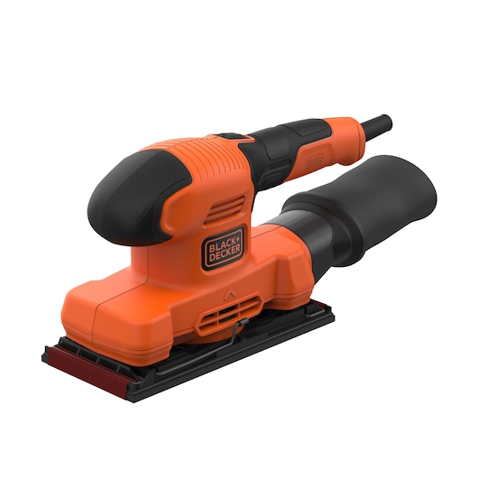 BLACK+DECKER BEW220 orange rectangular electric sander, side angle on white background.