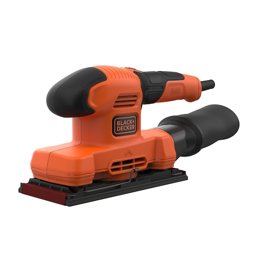 BLACKDECKER BEW220 orange electric sheet sander, side angle, with dust extraction attachment.