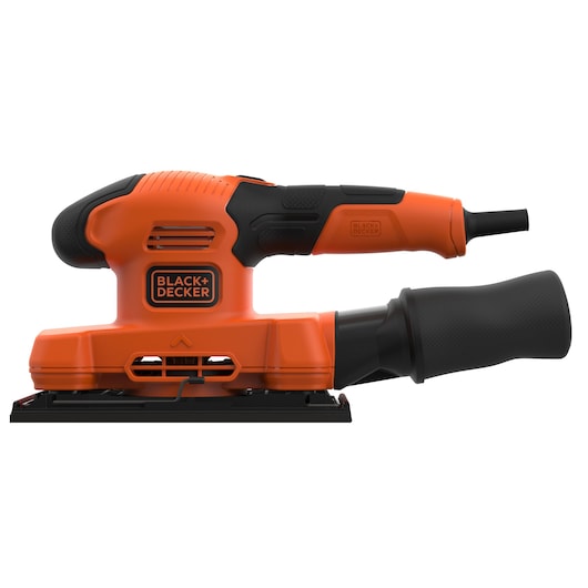 BLACK+DECKER BEW220 orange and black sheet sander side view on white background.