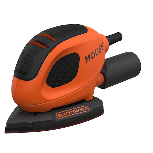 A BLACK+DECKER BEW230 Mouse detail sander with an orange and black design, featuring a pointed sanding base and a dust collection attachment.