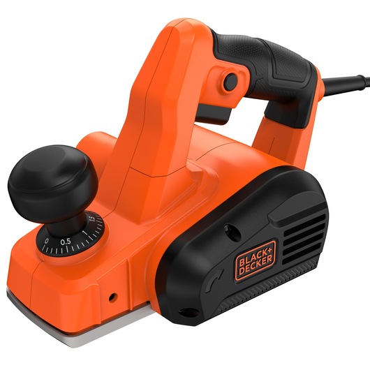 Photo of BLACK+DECKER BEW712 electric hand planer, orange and black, side view on white background.