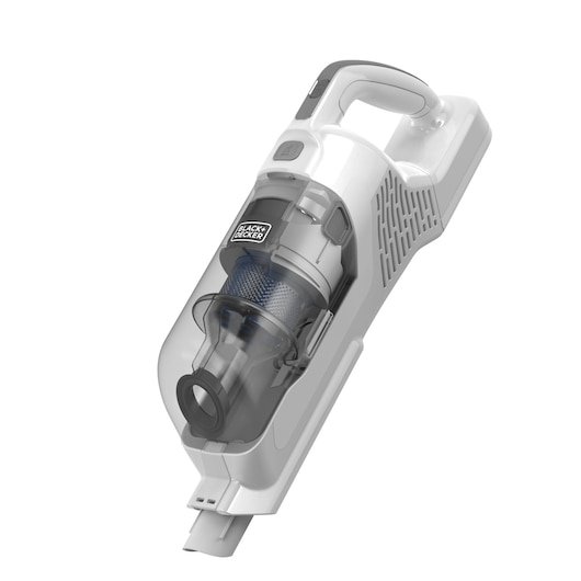 Photo of BLACKDECKER handheld vacuum cleaner BHFEA420J, white and gray, front angled view.