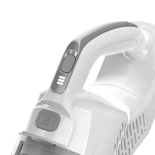 BLACK+DECKER BHFEA420J handheld vacuum cleaner close-up, white and grey, showing handle and control buttons.