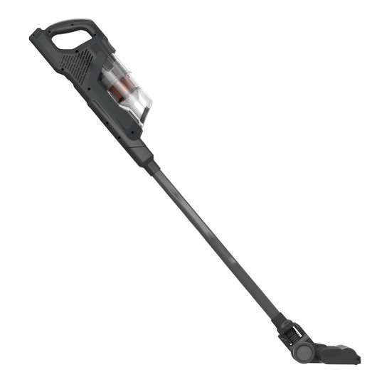 A cordless stick vacuum cleaner with a transparent dust container and a sleek black design, shown on a white background.