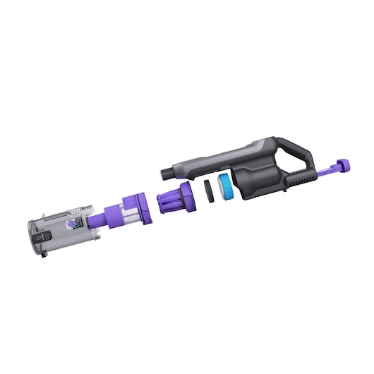 BLACKDECKER BHFEA640WP cordless vacuum cleaner exploded view showing separated internal parts, front angle, white background.