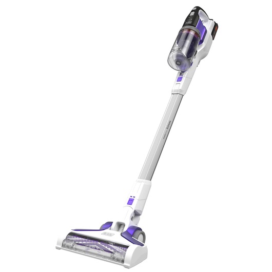 Cordless stick vacuum cleaner with a white and purple design, featuring a transparent dust container and a motorized brush head.
